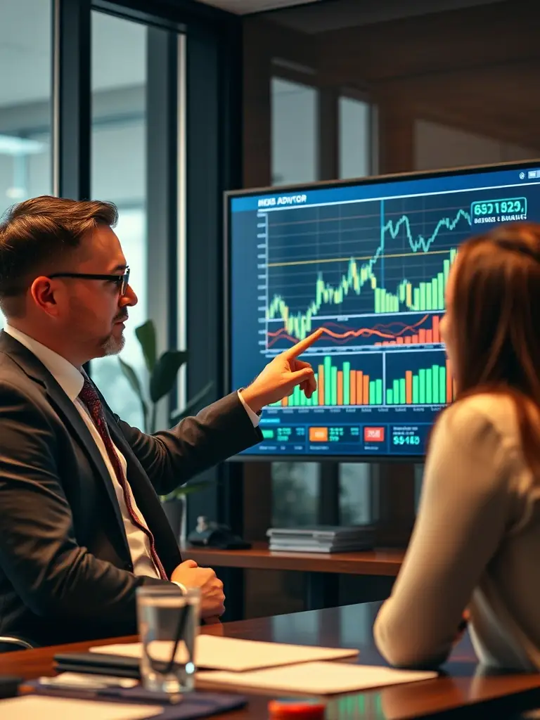 An image of a financial advisor analyzing economic charts and discussing strategies with a client in a modern office, representing Crisis Economic Planning.