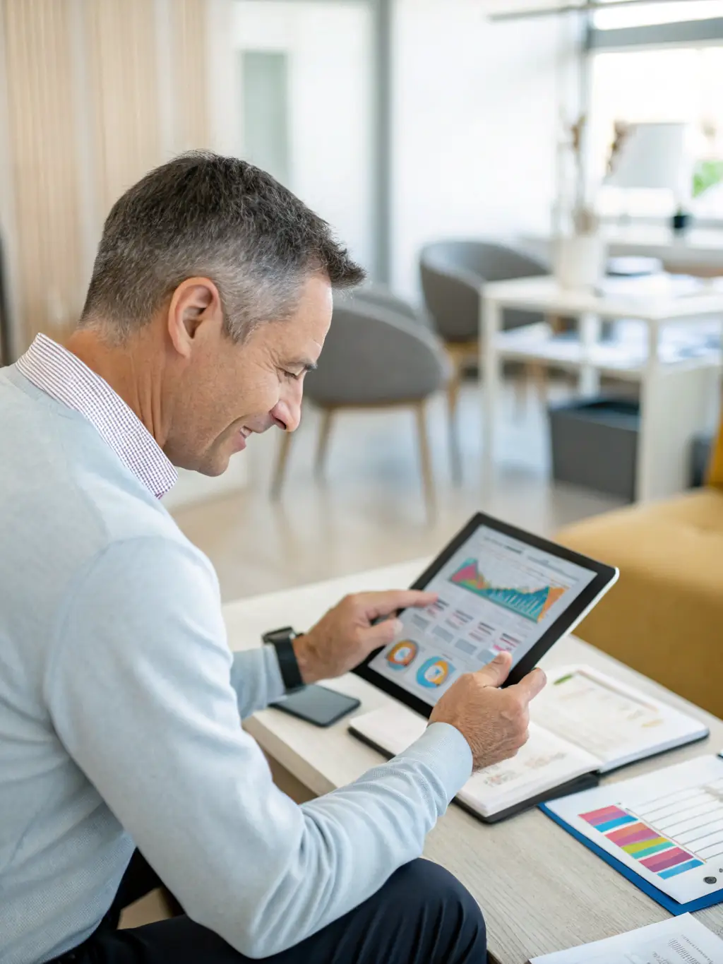 A professional financial advisor presenting investment options on a digital tablet to a client, illustrating Investment Strategy Consultation.